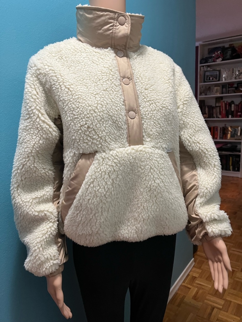 Coach Cream Sherpa Pullover Jacket with Tan Trim